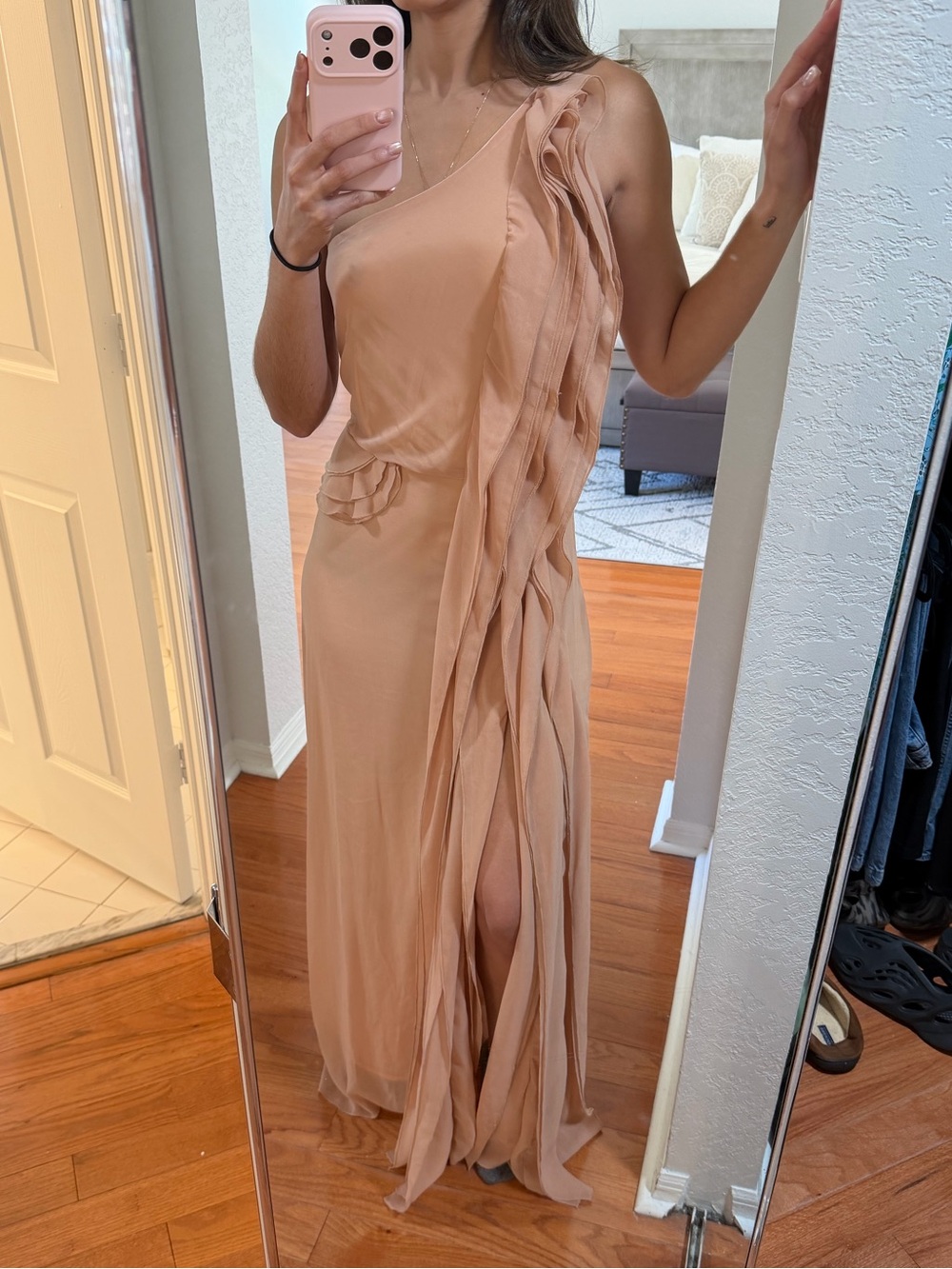 Lush One-Shoulder Blush Tan Ruffle Gown